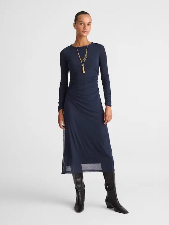 Madewell Dresses & Skirts - Madewell Navy Blue Long-Sleeve Ruched Midi Dress sheer mesh layers sz medium